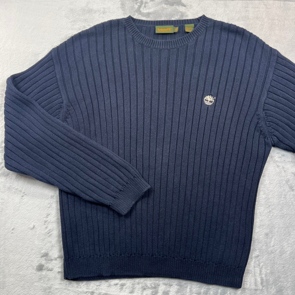 Timberland Sweater Mens XL Navy Blue Ribbed Knit Cotton Crewneck Logo